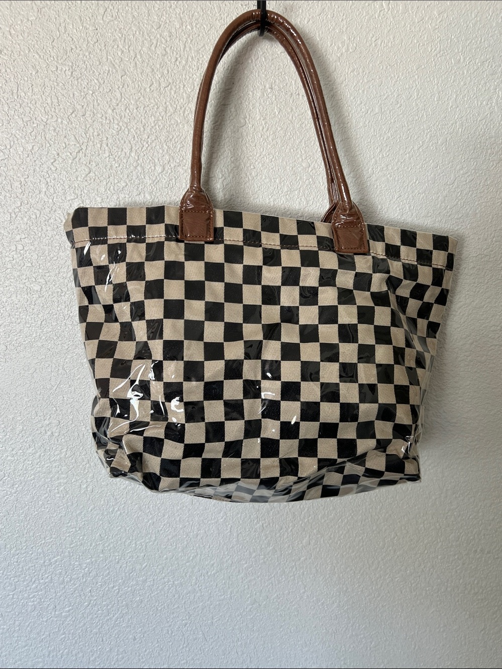 Checkerboard Tote Bag with Brown Handles - Black & Cream Plastic Cover - Picture 4 of 5